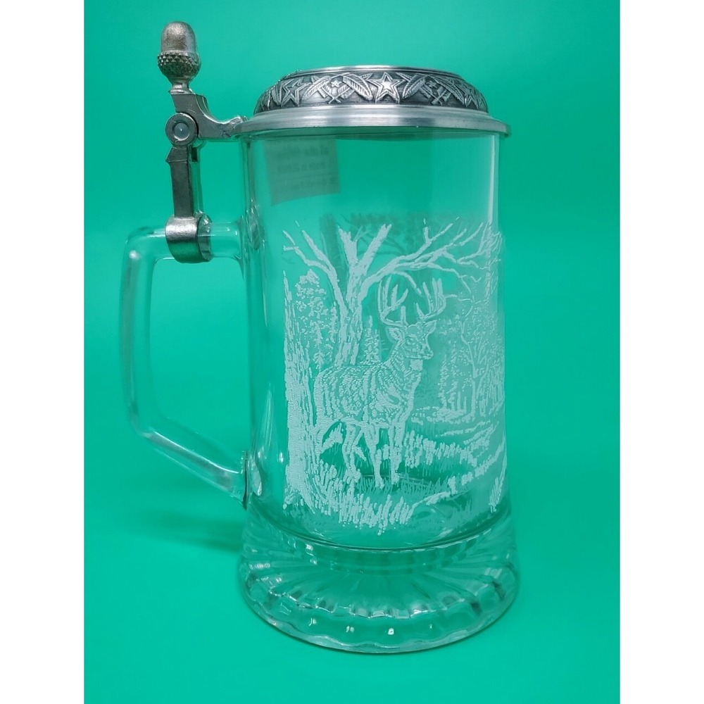 German Meger Etched Glass Deer /‎ Elk Stein Pewter Lids & Decoration Acorn Buck